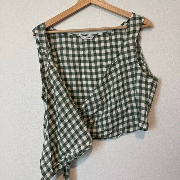 Linenfox Green Gingham Plaid Soja Linen Sleeveless Wrap Top Women's Size XXL NEW - Picture 2 of 5